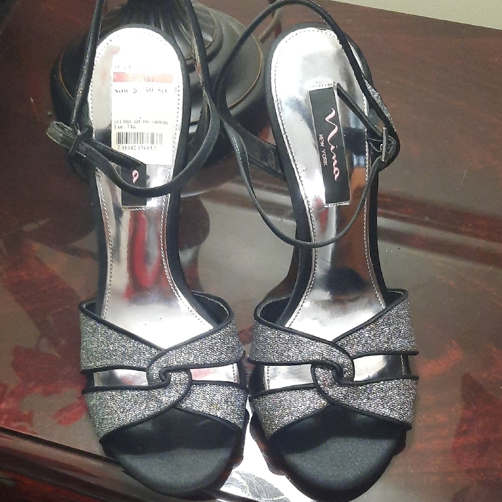 Nina Women's Black and Silver Strappy Heels